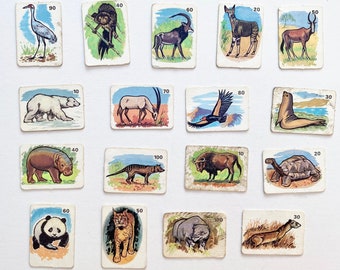 Vintage set of 17 mini animal picture cards with facts printed on the reverse, possibly game cards or collectors album