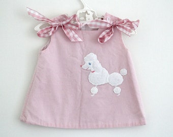 Vintage top and bloomers twinset in baby pink brushed needlecord, with gingham ribbons and poodle appliqué, approx age 3-6 months