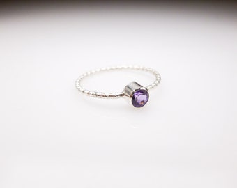 Minimalist Amethyst Cubic Zirconia Ring. Tube Set Sterling Silver and Amethyst CZ Ring