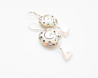 Whimsical Balinese Sterling Silver Bead Earring with Triangular Freshwater Pearls. Bali Silver and Freshwater Pearl Geometric Earring