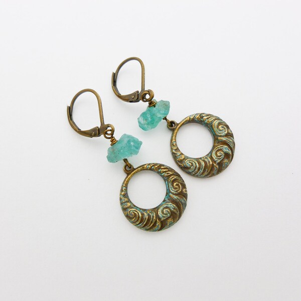 Rough Apatite Gemstone and Antique Brass Scroll Design Hoop Lever Back Earrings