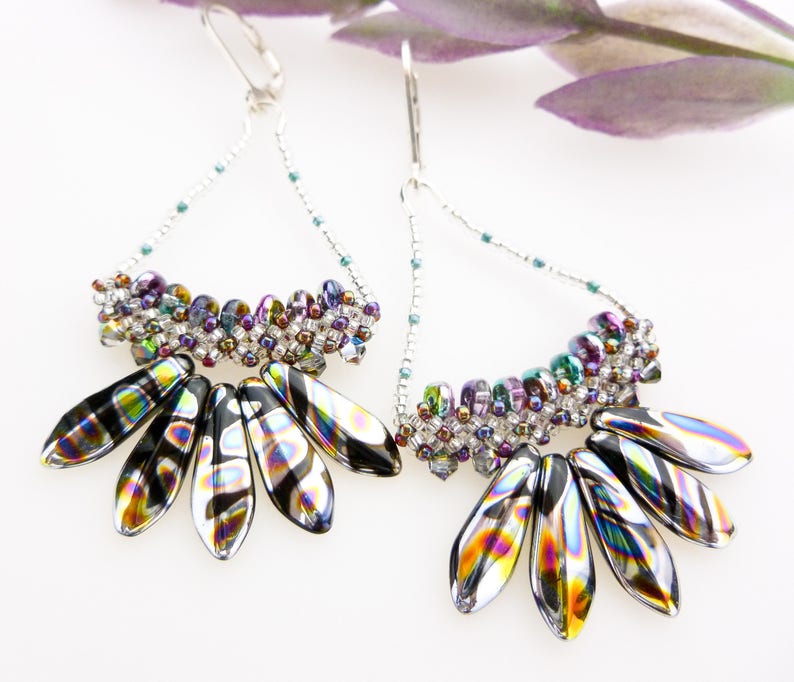 Czech Glass Dagger Earrings With Swarovski Crystals. Black and Vitrail