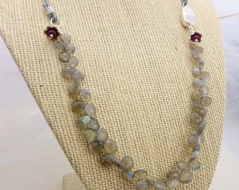 Labradorite and Leather Necklace with Sterling Silver Front Clasp and Ruby Accents