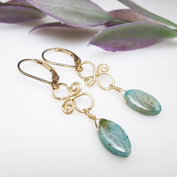 Kyanite Gemstone Earrings with Hand Forged Gold Filled Filigree. Kyanite and Filigree Gold Filled Earrings