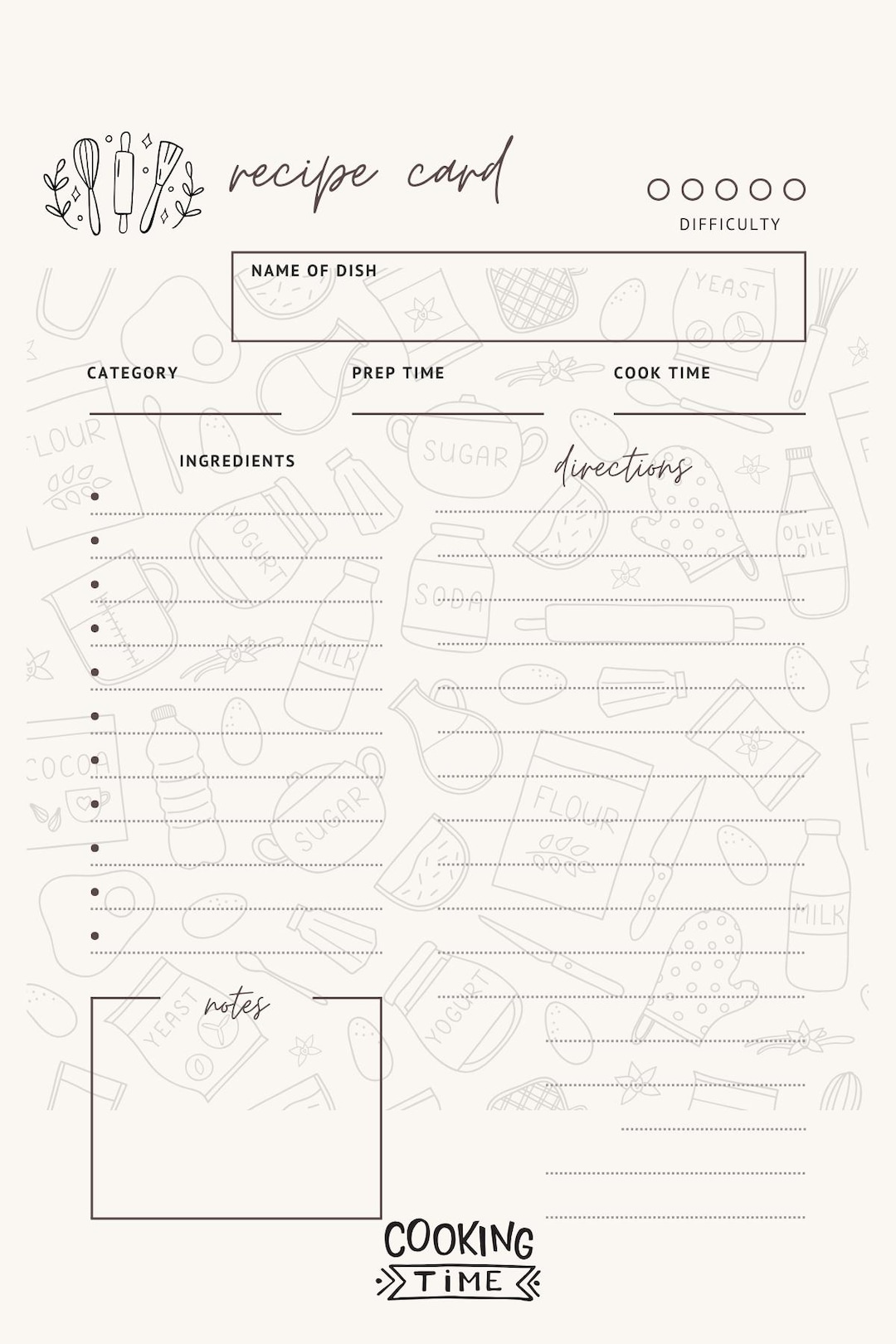 Printable Recipe Card for Cooks Meal Planner Organizer Kitchen Tool ...