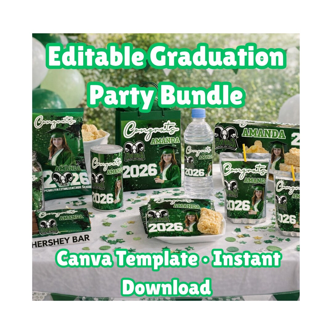 Graduation Party Bundle Editable Template: Green Canva DIY Favor Kit - Etsy