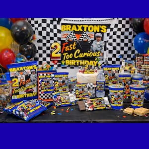 Two Fast Two Curious 2nd Birthday Party Favor Bundle | Race Car Editable Canva Templates | Boy Treat Wrappers