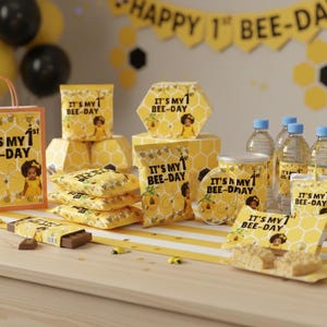 1st Birthday Party Favor Template First B-Day Party Editable Canva Chip Bag Wrapper Bundle Yellow Honey Bee