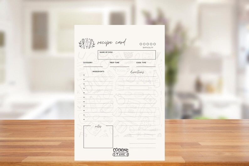 Printable Recipe Card for Cooks Meal Planner Organizer Kitchen Tool ...