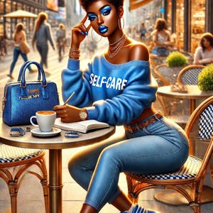 May include: An illustration of a person in a blue off-the-shoulder sweater with the text "SELF-CARE", blue jeans, and blue and white sneakers. A blue handbag and a cup of coffee sit on a table. The person is wearing gold jewelry and blue makeup.