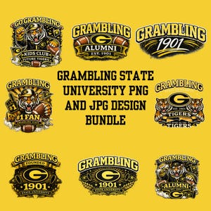 May include: A collection of Grambling State University PNG and JPG designs on a yellow background. The designs feature tigers, footballs, and the words "Grambling" and "Tigers" in black and gold. The text "Grambling State University PNG and JPG Design Bundle" is also present.