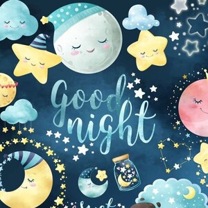 Imágenes prediseñadas de buenas noches en acuarela, imágenes prediseñadas de dulces sueños, luna, estrellas, guardería, uso comercial y personal, PNG, descarga instantánea