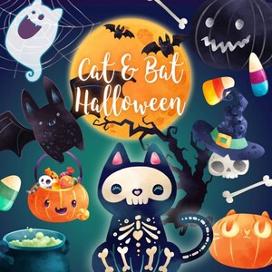 May include: A Halloween illustration featuring a black cat with a skeleton design, a bat, a ghost, a pumpkin, candy corn, and a skull wearing a witch's hat. The text "Cat & Bat Halloween" is written on a yellow moon.