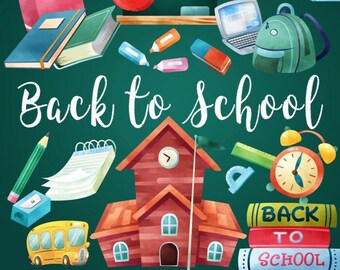 May include: Back to school illustration with a red apple, a school building, a school bus, books, pencils, a backpack, a laptop, and an alarm clock. The text "Back to School" is written in white on a green background.