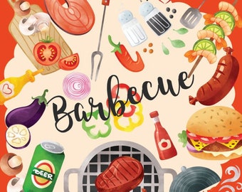 Barbecue Summer Party Clipart,BBQ,Barbecue Illustration,Food Clipart,Buger,Commercial and Personal Use, PNG, Instant Download