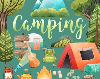 Watercolor Camping Clipart: Forest Landscape PNG (Digital Download)
