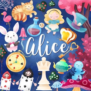 Clipart z akwarelą Wonderland, Przygody Alicji w Krainie Czarów, Kot z Cheshire, Grzyby, Książka z opowiadaniami, Natychmiastowe pobieranie PNG, Wykorzystanie komercyjne