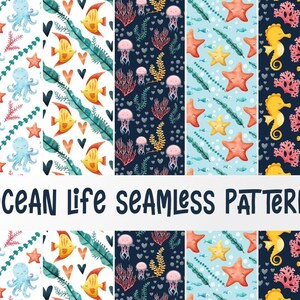 Ocean Life Seamless Pattern, Underwater, water plants, fish, sea, Commercial and Personal Use, PNG, Instant Download