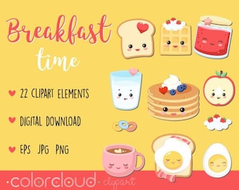 Breakfast Time Clipart, Breakfast Illustration, Pancake, Coffee, Instant Download, Commercial Use, JPG PNG EPS
