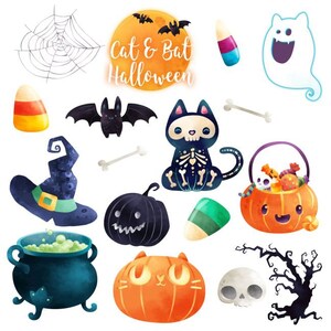 May include: A set of Halloween themed illustrations featuring a black cat with a skeleton design, a pumpkin with a jack-o-lantern face, a witch's hat, a spider web, a bat, a ghost, candy corn, a cauldron, and a skull. The text "Cat & Bat Halloween" is featured in the image.