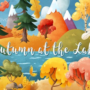 Autumn at the Lake, Fall Trees Lake Clipart Illustration, Extérieur, Paysages forestiers, Usage commercial et personnel, PNG, Téléchargement instantané