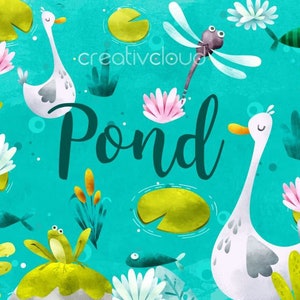 Pond Clipart Illustration - River Graphics Set - Dragonfly - Creek - Water Lilly - Duck Illustration - Instant Download PNG, Commercial Use