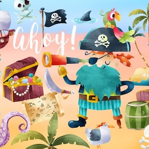 Aquarelle Pirate Clip Art, Treasure Island Clipart, Ahoy, navire, carte au Trésor, usage Commercial et personnel, PNG, téléchargement immédiat