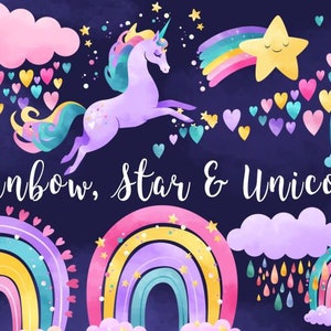 Regenbogen Einhorn Bunte Clipart Illustration, Stern, Herzen kommerzieller und persönlicher Gebrauch, PNG, Direkter Download