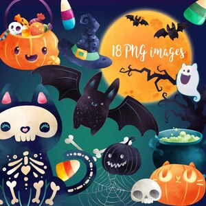 May include: A set of 18 Halloween-themed digital clipart images. The images include a pumpkin, a ghost, a bat, a witch's hat, a cat, a cauldron, a spiderweb, and a candy corn. The images are in a watercolor style and are perfect for creating Halloween crafts, cards, and decorations.
