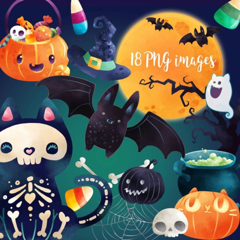 May include: A set of 18 Halloween-themed digital clipart images. The images include a pumpkin, a ghost, a bat, a witch's hat, a cat, a cauldron, a spiderweb, and a candy corn. The images are in a watercolor style and are perfect for creating Halloween crafts, cards, and decorations.