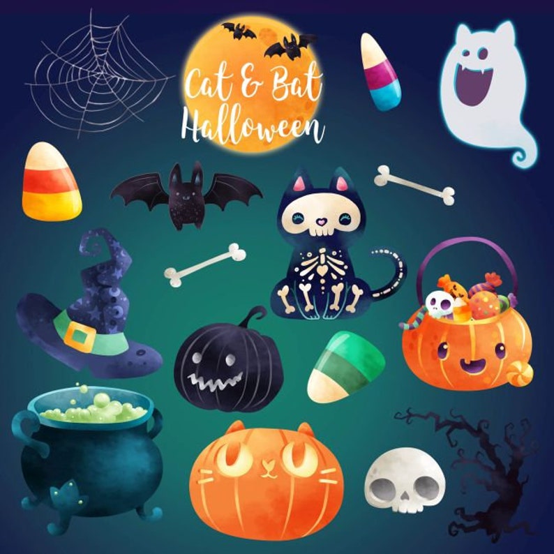May include: A set of Halloween themed illustrations featuring a black cat with a skeleton design, a pumpkin with a jack-o-lantern face, a witch's hat, a spider web, a ghost, candy corn, and a bat. The text "Cat & Bat Halloween" is written in a whimsical font.