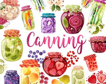 Watercolor Canning Clip Art: Food Preservation Illustration (PNG Instant Download)