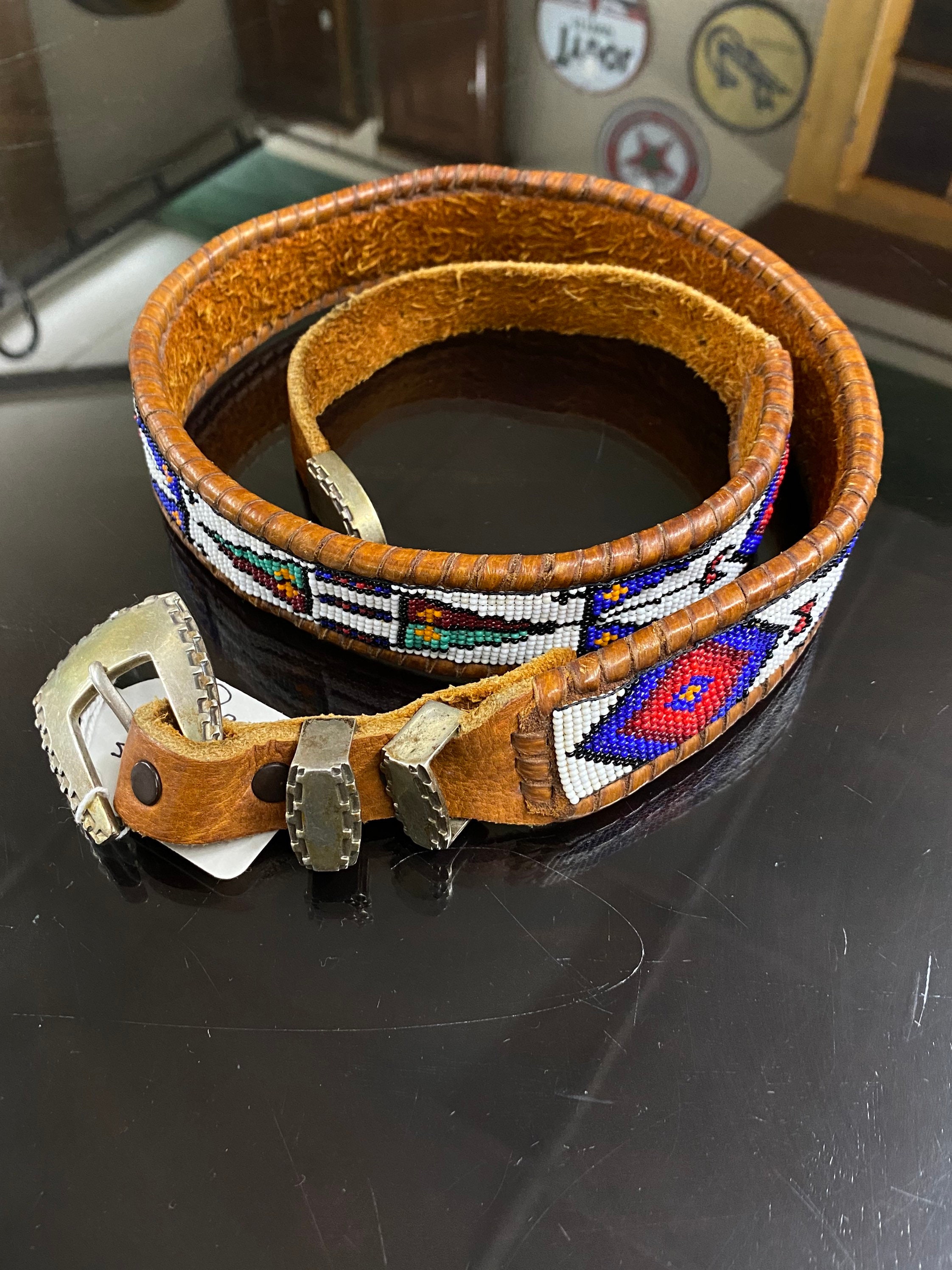 Rare Native American Sterling Silver Beaded Deer Skin Belt