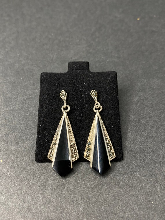 Fancy Triangular Sterling Silver and Black Earring