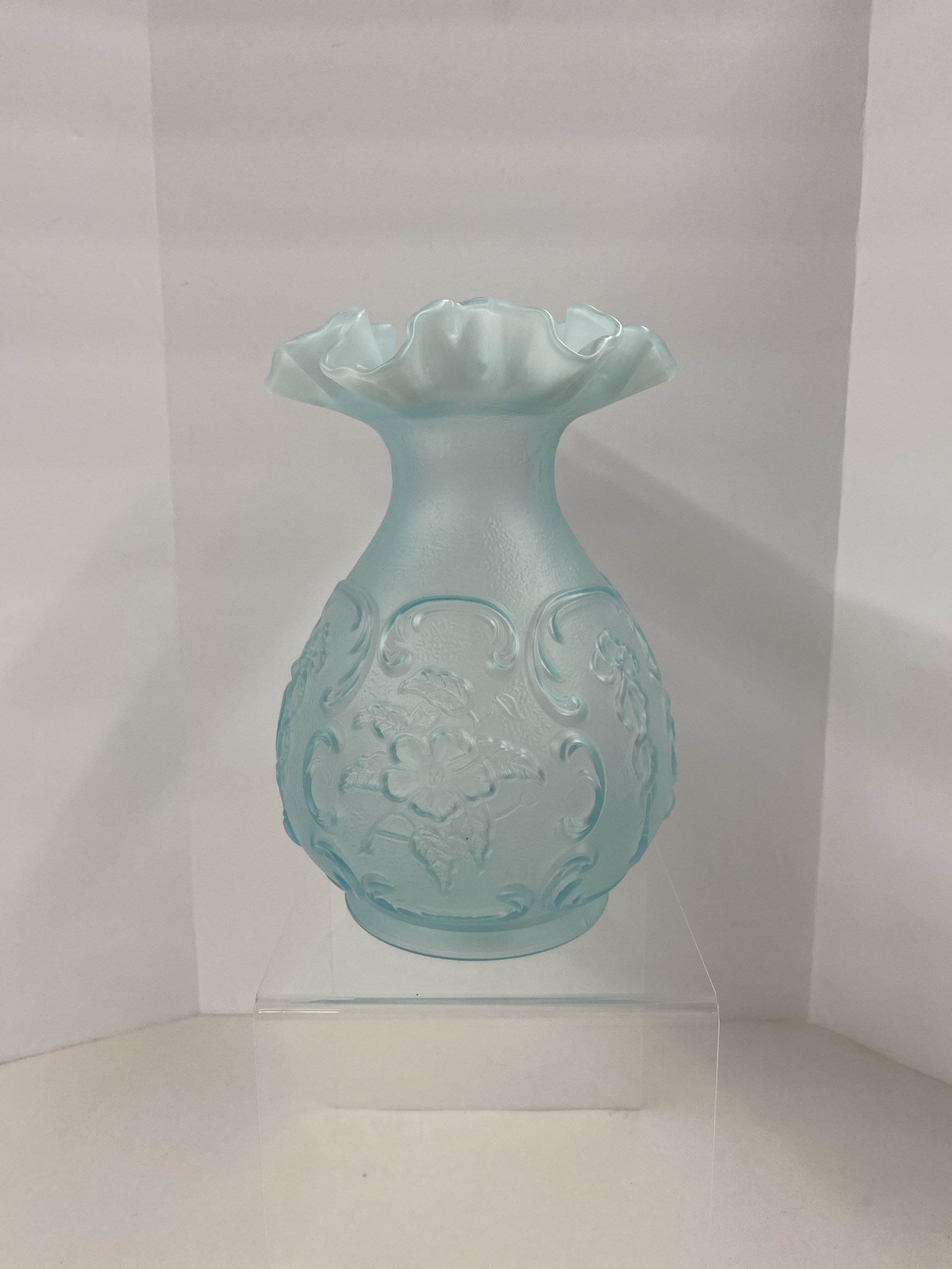 Fenton Light Blue Satin Finish Flower Design Ruffle Edge Vase Etsy