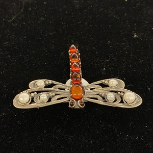 Sterling Silver 925 Dragonfly Bug Pin Amber FREE SHIPPING