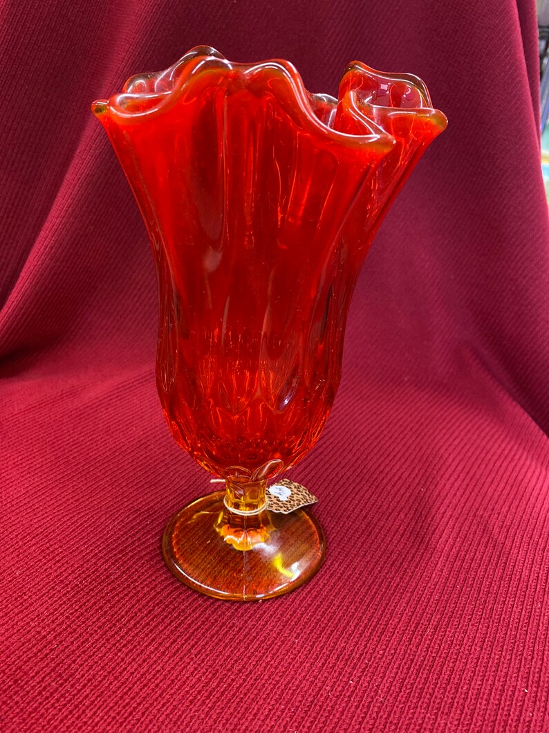 Fenton Handkerchief Vase Colonial Orange Amber Highlights Etsy