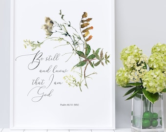 Be still and know that I am God Psalm 46:10 instant digital download featuring Bible verse and watercolor wildflowers in 5 sizes