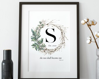 Monogram Wedding Print | Eucalyptus Wreath, Personalized Date (Digital Download)