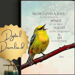 Descarga imprimible “La música le da alma al universo, alas a la mente, vuelo a la imaginación y vida a todo” Varios tamaños