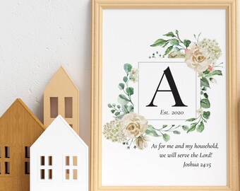 Floral Monogram Print, Established Date, Joshua 24:15 (Digital Download)