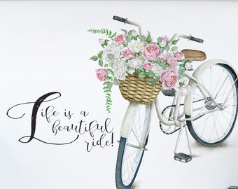 Floral Bicycle Art Print, Inspirational Quote (Digital Download)