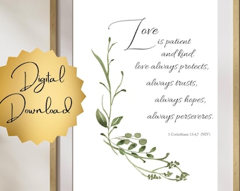 Love is Patient Bible Verse Print, Watercolor Floral (Digital Download)