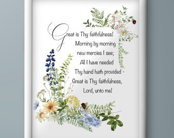 Printable download "Great is thy Faithfulness" Christian hymn lyrics | multiple sizes