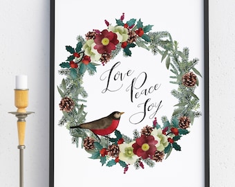 Love, Peace, Joy Inspirational Christmas wreath Wall art Download LemonDropImages