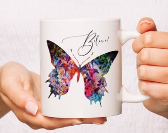 Butterfly Believe White Ceramic Mug | Inspirational Art