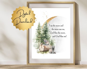 Watercolor Moon Nursery Print | Forest Theme, Moon Sees Me Quote (Digital Download)