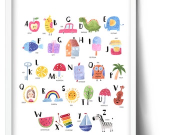 Cute colorful alphabet poster for home or classroom featuring delightful watercolor images of animals and objects