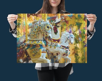 Colorful Carousel Satin Poster, Whimsical Wall Art, Vintage Home Decor, Child's Room, Original Photograph, Cubism Style, FREE Shipping!
