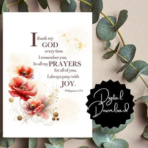 Tarjeta imprimible de 5x7 Filipenses 1:3-4 "Doy gracias a mi Dios siempre que me acuerdo de ustedes..." descargar para imprimir en papel tamaño carta / sin artículo físico